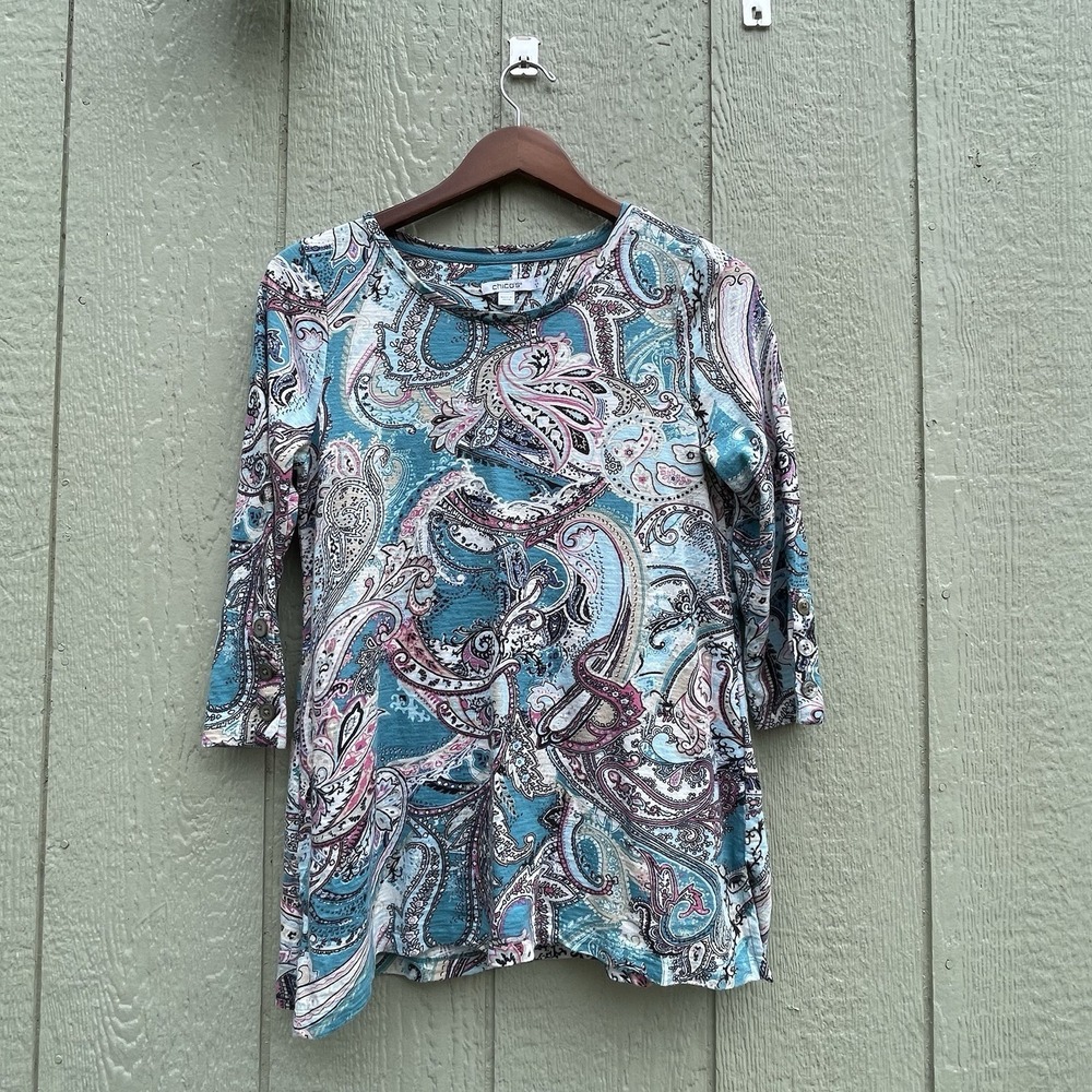 Chico's‎ Tunic Top Womens Small Blue A-line slub knit pasiley 3/4 sleeves beach